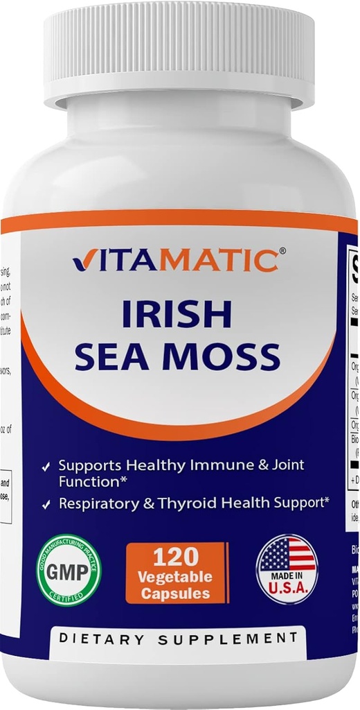 Vitamatic Irish Sea Moss – 120 capsules végétariennes faites avec Bladderwrack & Burdock Root - Supplément Seamoss pour support thyroïdien, énergétique et immunitaire