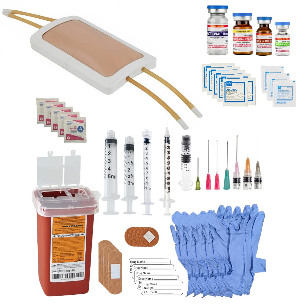 Anatomy Lab Venipuncture Practice Kit with Wearable Simulation Arm Pad Model IV + Supplemental Injection Skill Supplies Kit Clinical Nursing Training, 65 piece Bundle