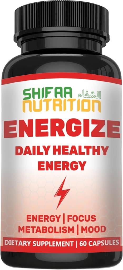 SHIFAA NUTRITION Energiser, énergie naturelle quotidienne Vitamines sans jitter, 60 portions Soutient la concentration, l'humeur, le cerveau, le métabolisme, la caféine et la taurine, B1, B2, B5, B6, B7, B9, B12 Vitamines halales