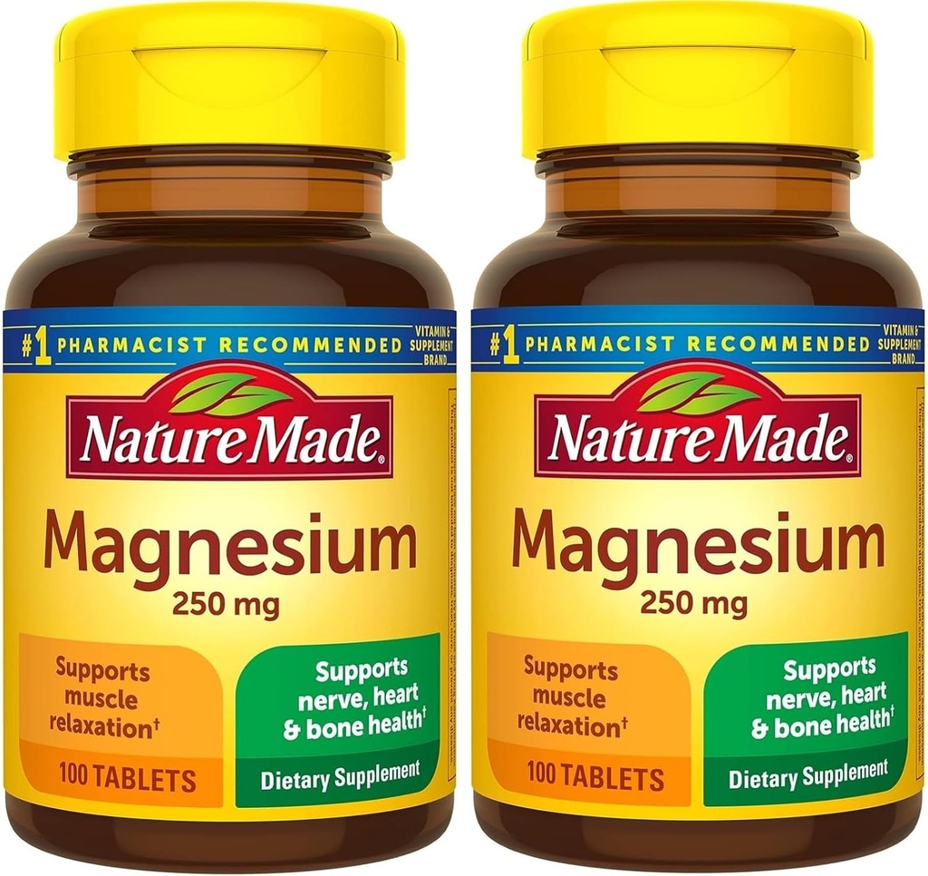 Nature Made Magnesium Oxide 250 mg, Dietary Supplement for Muscle, Heart, Bone and Nerve Health Support, 100 Tablets, 100 Day Supply (Pack of 2)