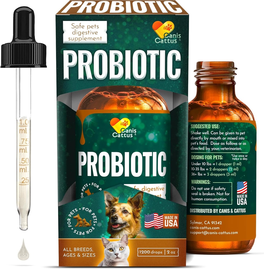Probiotiques canis&cattus pour chats – Probiotiques pour chats liquides avec enzymes digestives pour gaz, ballonnement, diarrhée et estomac enseveli – gouttes faciles – 2 oz
