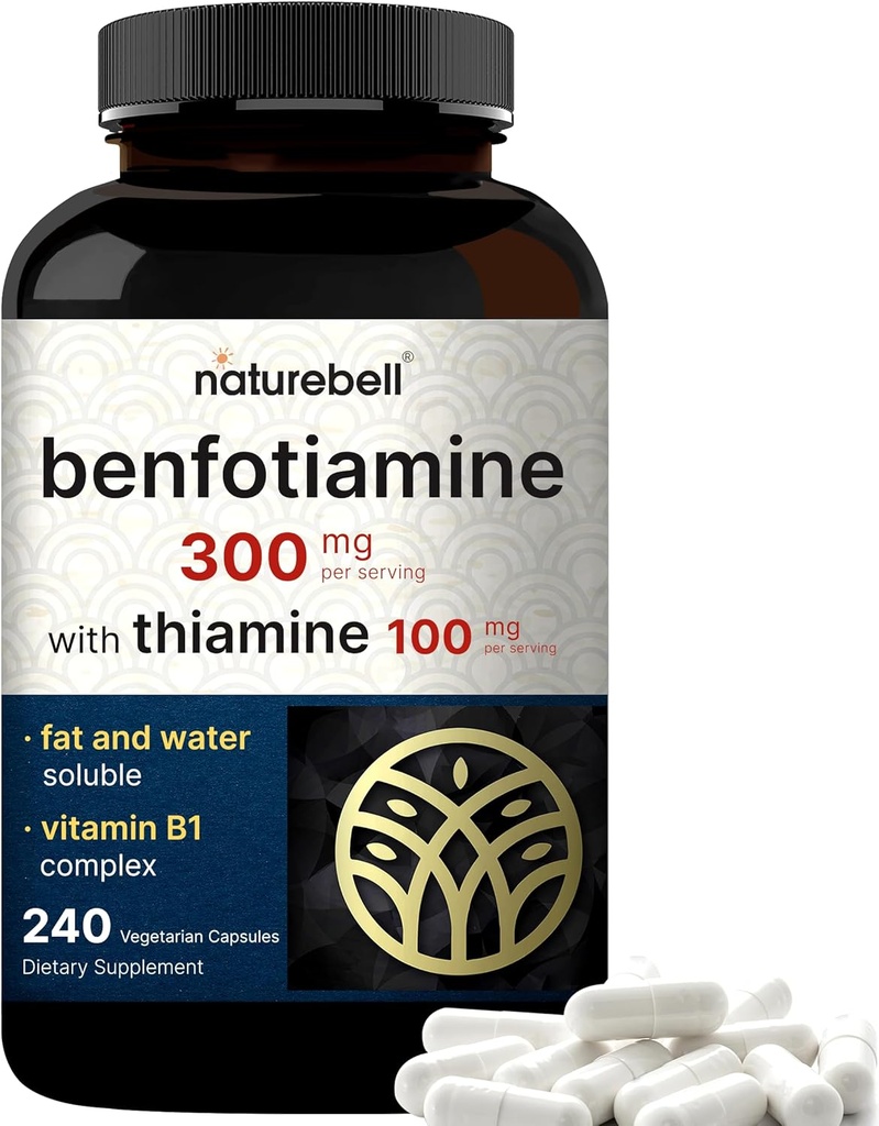NatureBell Benfotiamine 300mg avec de la thiamine 100mg par portion : 240 capsules de légumes – supplément de vitamine B1 essentielle à la benfotiamine – Végétarien amical