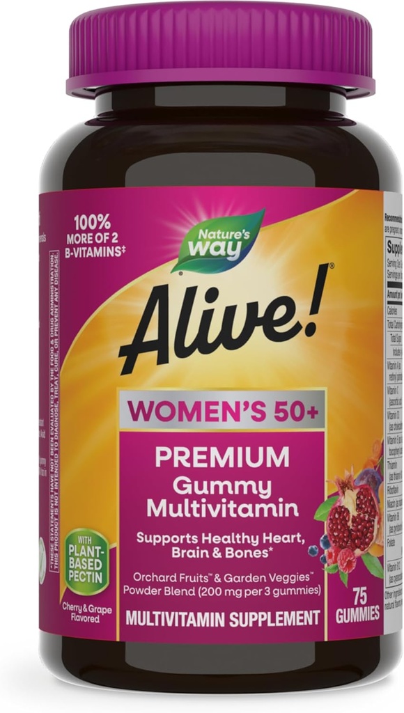 La nature est vivante ! Femmes 50+ Premium Gummy Multivitamine, soutient le coeur en santé, le cerveau et les os*, B-Vitamines, sans gluten, végétarien, raisin et cerise, 75 Gummies (paquetage mai Vary)