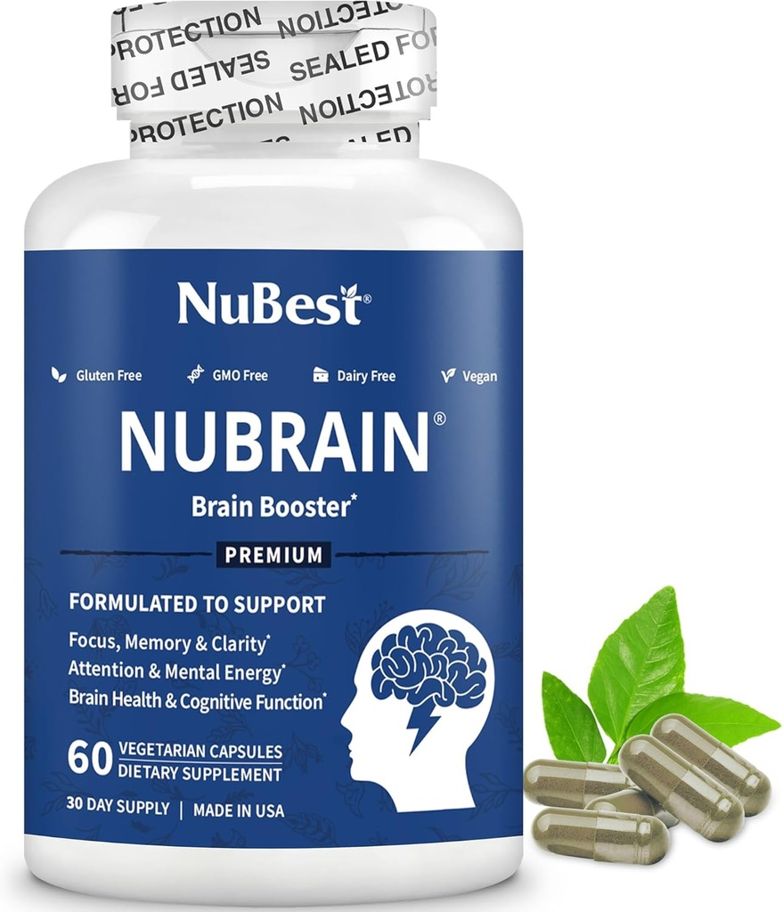 Booster NuBrain - Supplément Cerveau pour Booster Cerveau, Mémoire, Focus & Clarity Support avec St. John, Ginkgo Biloba, Bacopa et plus - 60 Capsules Vegan