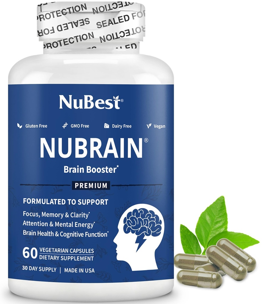 Booster NuBrain - Supplément Cerveau pour Booster Cerveau, Mémoire, Focus & Clarity Support avec St. John, Ginkgo Biloba, Bacopa et plus - 60 Capsules Vegan
