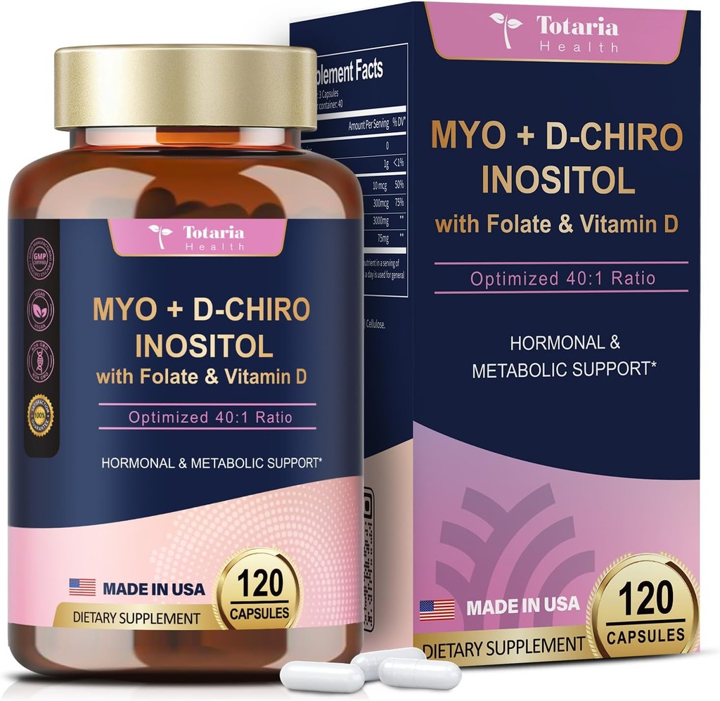 Totaria Inositol Supplément pour les femmes avec vitamine D3, Folate, 40:1 Rapport Myo-Inositol 3000mg & D-Chiro Inositol 75mg Complexe, vitamine B8 Inositol Supplément pour les femmes cheveux, ongles, santé de la peau