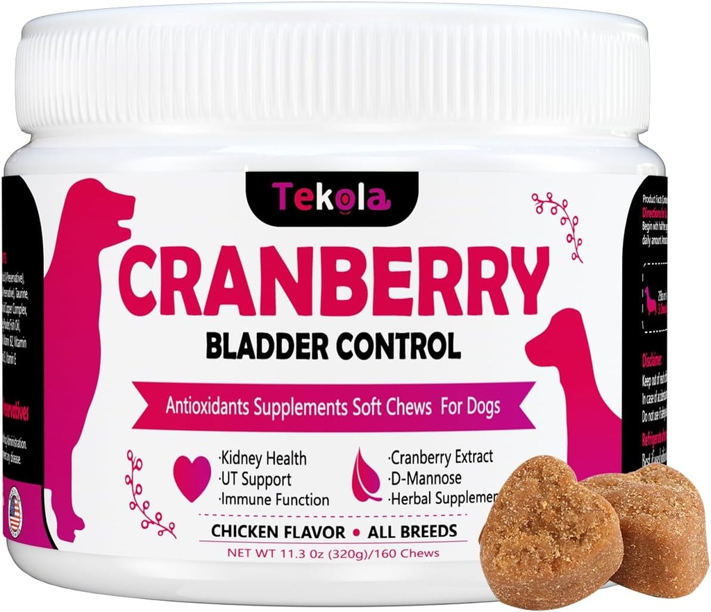 Cranberry Bladder Health for Dogs - Dog Antioxidant- 160 Soft Chew Supplements for a Healthy Urinary Tract and Bladder Control – Made with Cranberry & D-Mannose & Vitamins (Chicken Flavor)