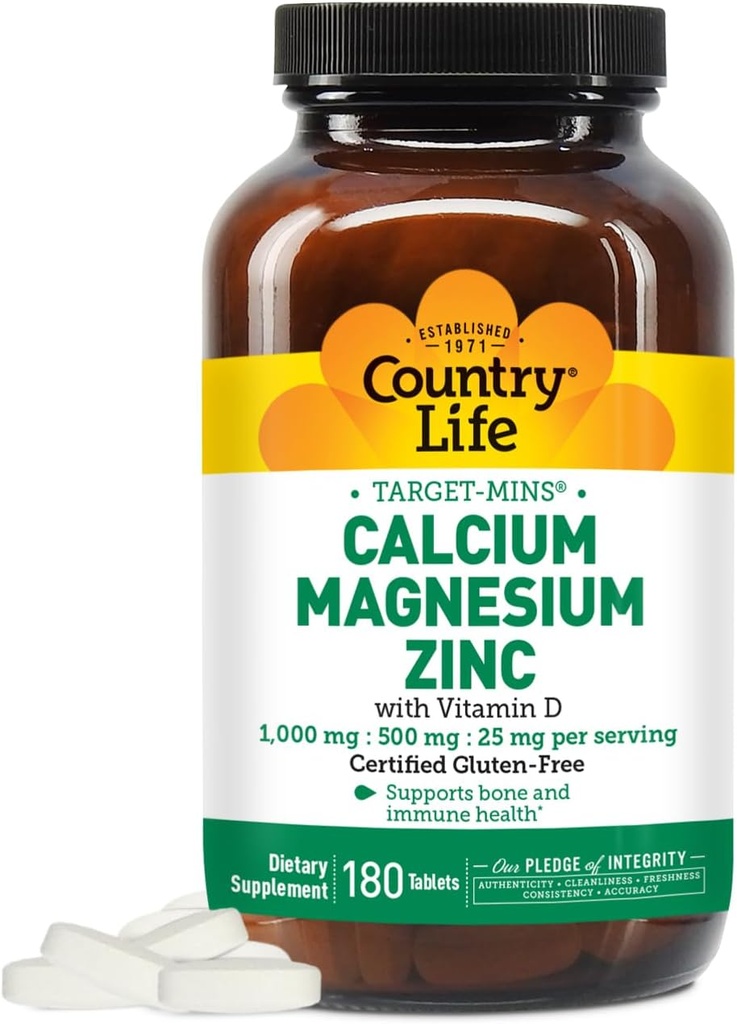 Pays Vie Calcium Magnésium Zinc avec vitamine D3 et acide L-Glutamique, complément alimentaire pour le soutien des os, certifié sans gluten, 1000mg/500mg/25mg, 180 comprimés