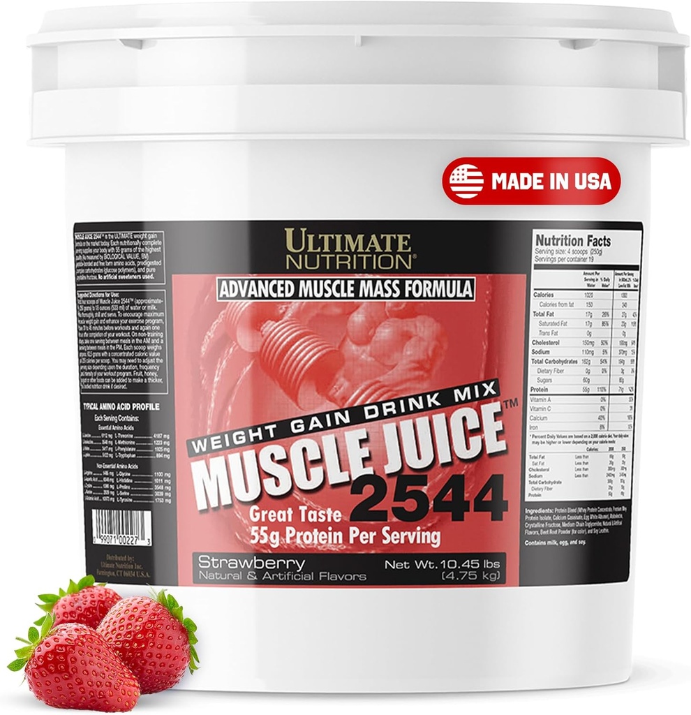 Ultimate Nutrition Jus musculaire, mélange de boisson gain de poids - Poudre d'entraînement gain de masse pour les hommes et les femmes - Supplément pour la croissance musculaire maigre et le soutien immunitaire avec 55g de protéines - Fraise, 10.45lb
