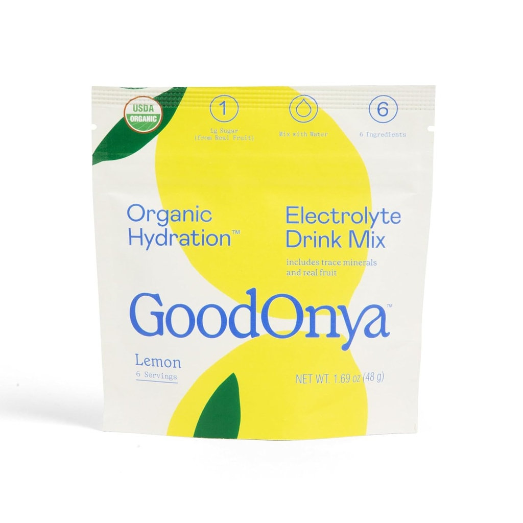GOODONYA Mélange de boissons électrolytes d'hydratation biologique, poudre d'hydratation biologique certifiée, non-OGM, sans glyphosate biocoché, faible teneur en sucre, saveur de citron, sans arômes artificiels, 6 portions