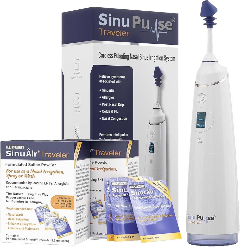 SinuPulse Traveler with 90 Sinuair Packets - Cordless Pulsating Nasal Irrigation Sinus Rinse System, Space Saving Cleaner & Relief Machine for Travel, More Effective than Neti Pot or Nose Spray Bottle