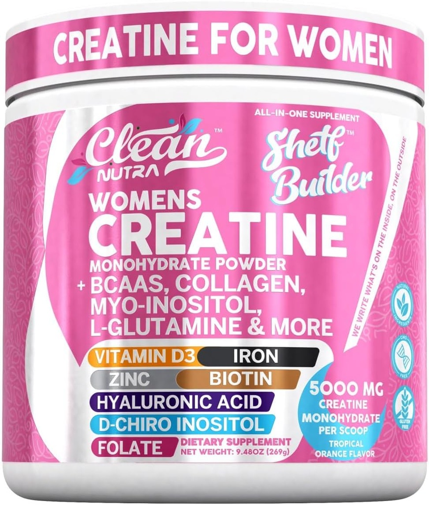 Créatine pour les femmes : Creatine Monohydrate + BCAA Poudre Myo-Inositol Collagène Biotine Acide hyaluronique Folate L Glutamine Vitamine D3 Fer Zinc D-Chiro-Maca Constructeur de plateau de digestion par Nutra propre