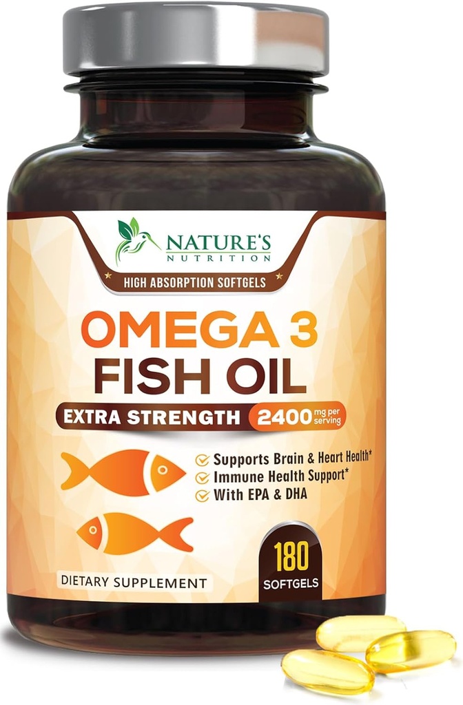 Omega 3 Huile de poisson 2400 mg – Acides gras triples EPA et DHA pour le cœur, le cerveau et le soutien articulaire – Wild-Caught, Burpless, supplément au citron – naturel, non OGM, sans gluten – 180 softgels