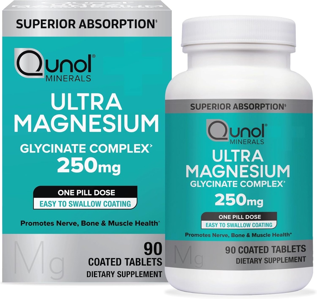 Qunol Magnésium Glycinate complexe, doux sur l'estomac, 250mg une pilule dose, supérieure-absorption Magnésium, Nerve, os et supplément de santé musculaire, 90 Compte (paquet de 1)