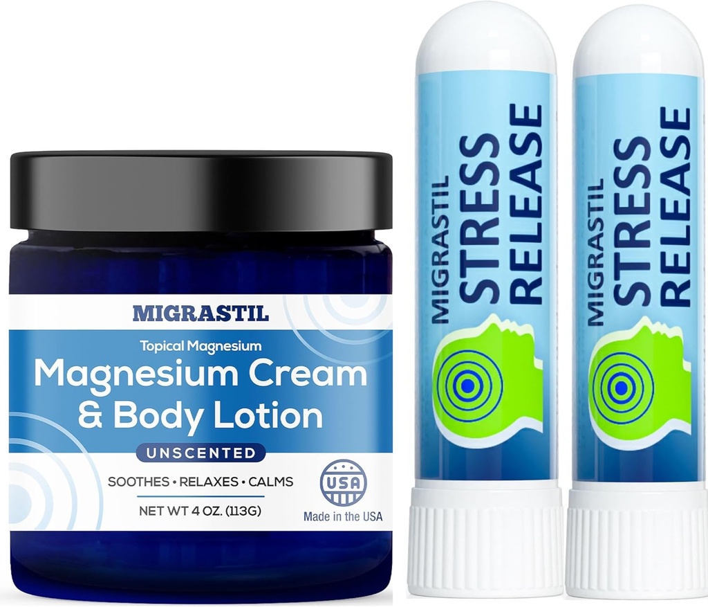 MIGRASTIL Crème de magnésium non parfumée et anti-stress Inhalateur 2 paquets. Fabriqué aux USA.