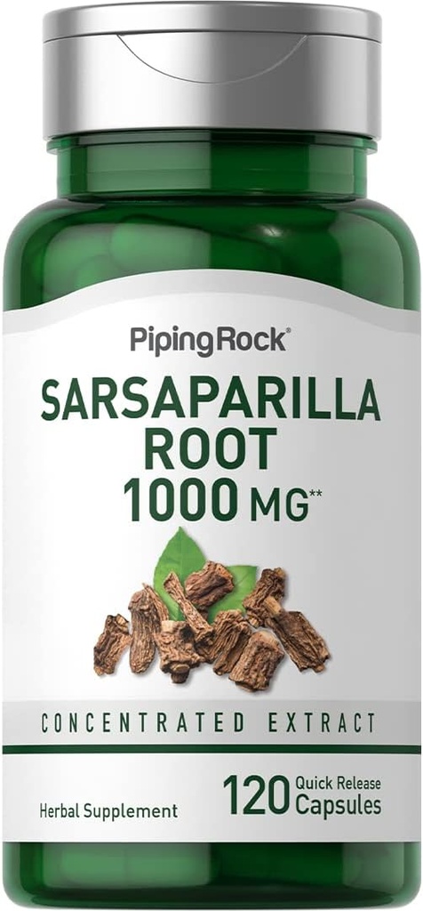 Piping Rock Sarsaparilla Capsules de racines 1000mg de Count de 120 Extrait concentré d'herbes non-OGM, supplément sans gluten