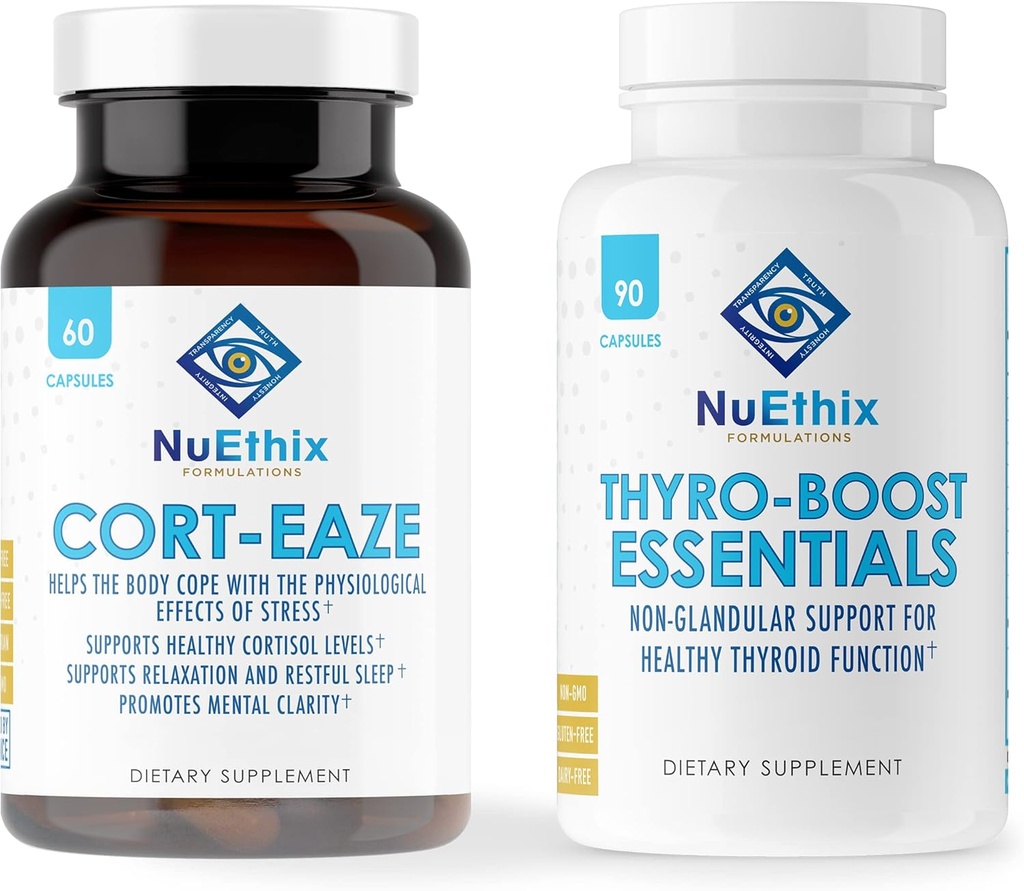 NuEthix Formulations Cortisol et supplément de soutien thyroïde: Cort-Eaze Cortisol-Supplement de contrôle, 60 Capsules, 30 Servants et Thyro-Boost Essentials, 90 Capsules