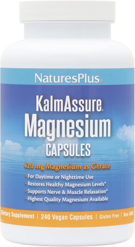 Natures Plus KalmAssure Magnésium - 240 Capsules Vegan - Citrate de magnésium hautement biodisponible - Supporte la relaxation nerveuse et musculaire - 60 portions