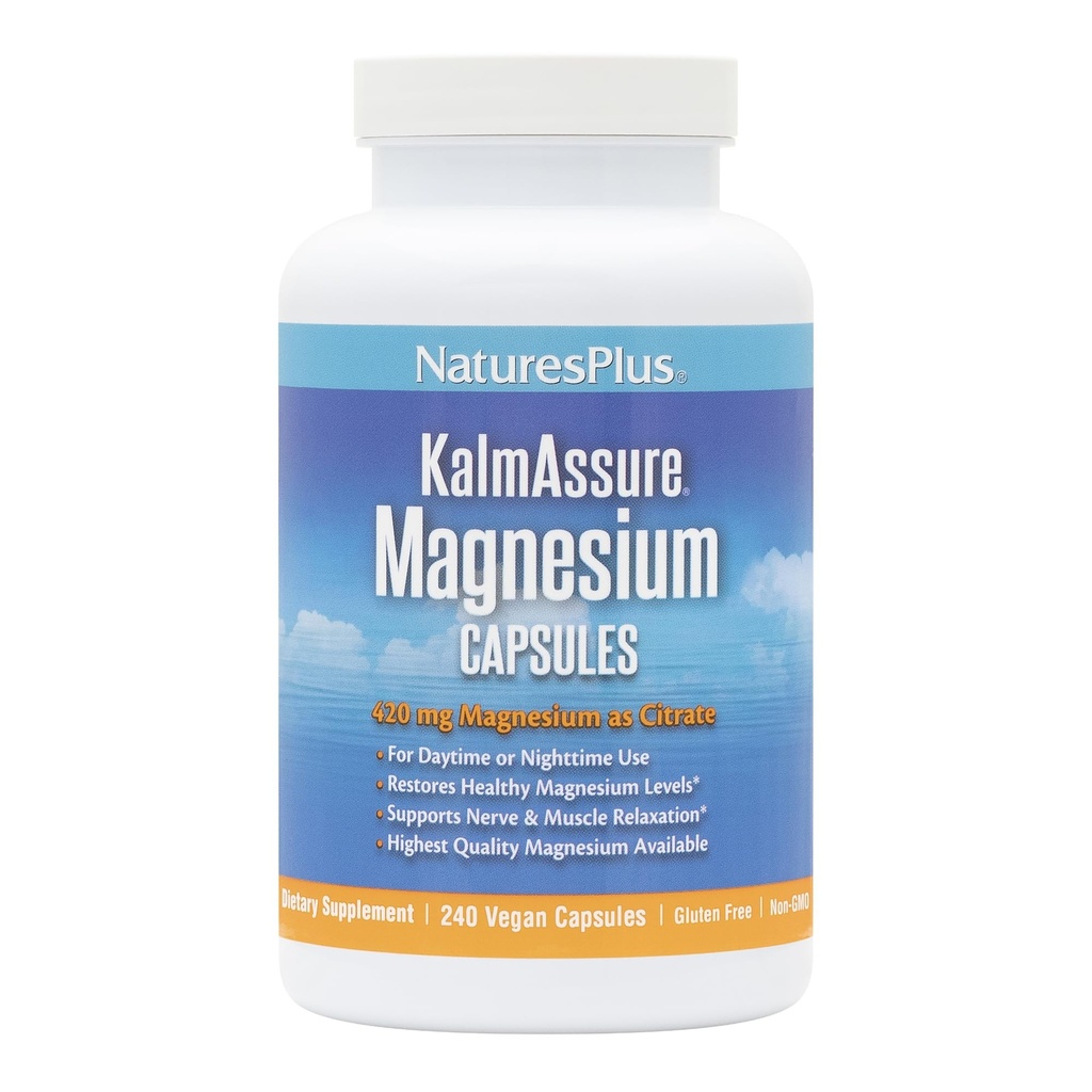 Natures Plus KalmAssure Magnésium - 240 Capsules Vegan - Citrate de magnésium hautement biodisponible - Supporte la relaxation nerveuse et musculaire - 60 portions