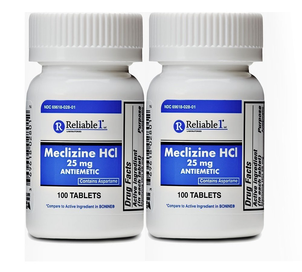 Fiable-1 Laboratoires Meclizine 25 mg Bonine Motion Maladie générique (100 comprimés à croquer chacun (2-pack) - Empêcher les nausées, les vomissements et les étourdissements causés par la maladie du mouvement