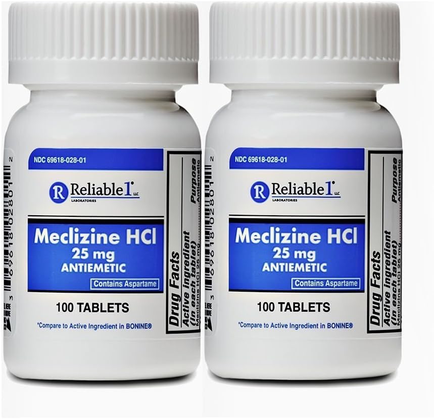 Fiable-1 Laboratoires Meclizine 25 mg Bonine Motion Maladie générique (100 comprimés à croquer chacun (2-pack) - Empêcher les nausées, les vomissements et les étourdissements causés par la maladie du mouvement