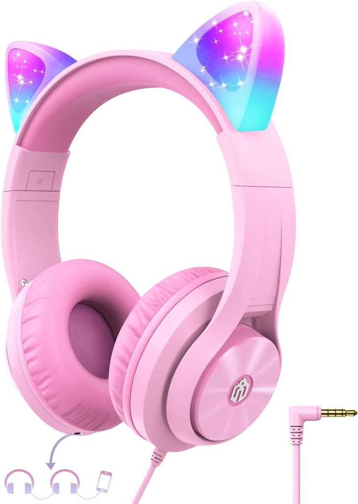 Casques iClever pour enfants avec éclairage à l'oreille de chat, limite de volume sécuritaire, partage amusant, pliable, casque over-Ear pour enfants pour l'école/iPad/Tablet/Voyage, Meow Donut-Pink