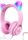 Casques iClever pour enfants avec éclairage à l'oreille de chat, limite de volume sécuritaire, partage amusant, pliable, casque over-Ear pour enfants pour l'école/iPad/Tablet/Voyage, Meow Donut-Pink