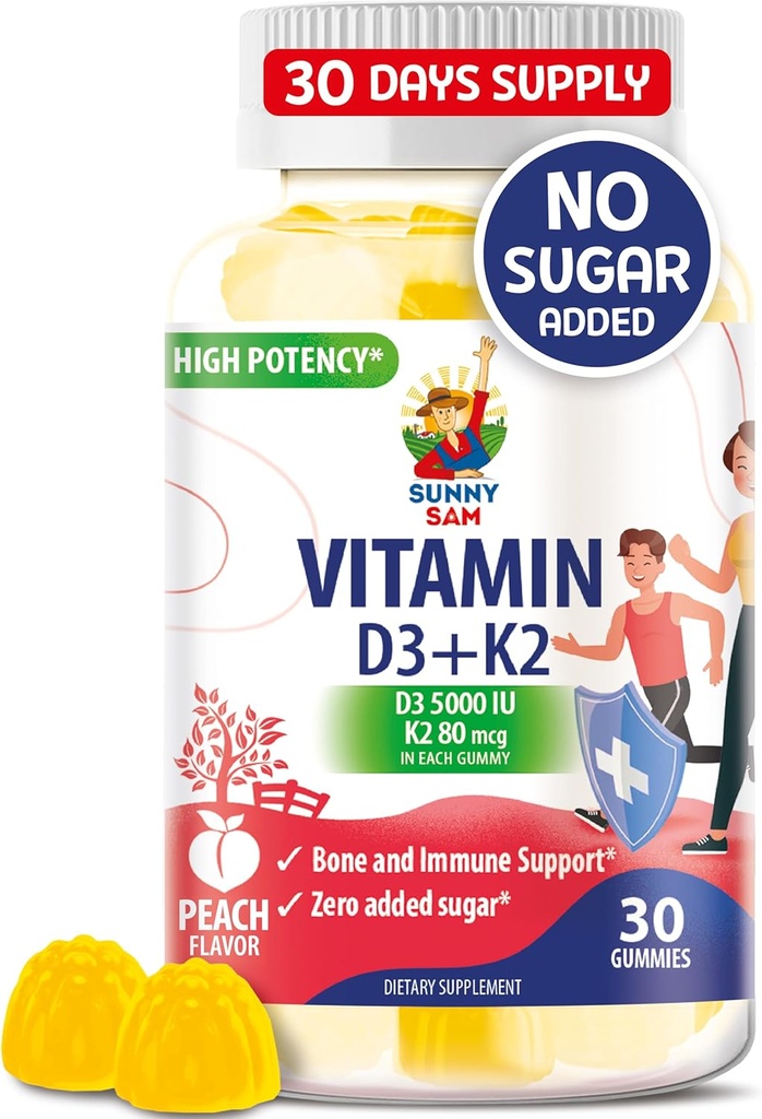 Vitamine sans sucre D3 K2 Gommies 5000 UI - Gommies de soutien aux immunones et aux os - Supplément de vitamine D Gommy pour adultes - Vitamines à haute absorption, végane, halal, sans gluten