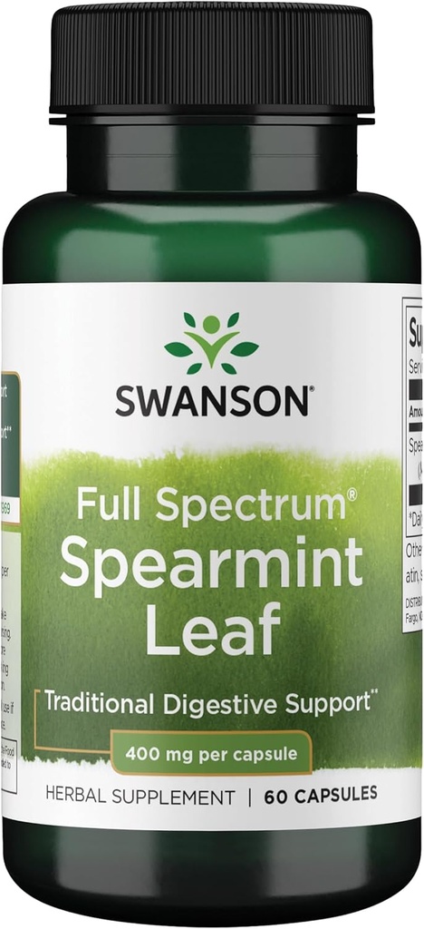 Swanson Spearmint Leaf (Mentha Spicata) - Supplément à base de plantes à spectre complet appuyant les questions de santé digestive et d'estomac léger - Formule naturelle appuyant la santé et le mieux-être - (60 capsules, 400mg chacune)