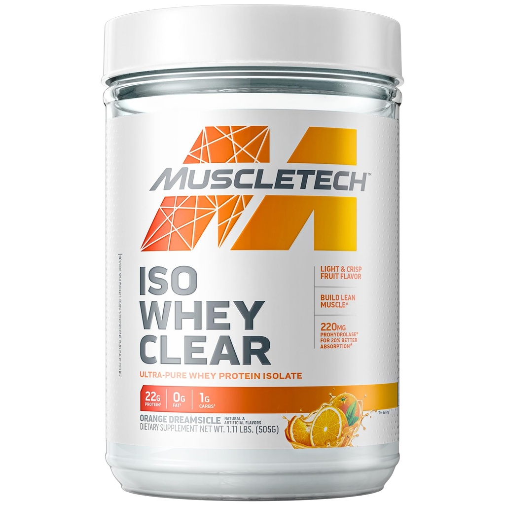 MuscleTech Whey Protéine Poudre clair Whey Protéine Isolée Whey Isolée Protéine Poudre pour les femmes et les hommes Net Protéine Buvez 22g de protéines, 90 calories Orange Dreamsicle, 1.1lb (19 portions)
