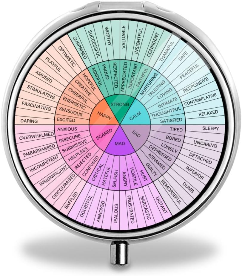 Roue de sensations et d'émotions - Organisateur de pilules portables 3-Compartment - Acier inoxydable et plastique - Idéal pour les petites pilules et les vitamines - Compact et élégant - Parfait pour le voyage et l'utilisation quotidienne