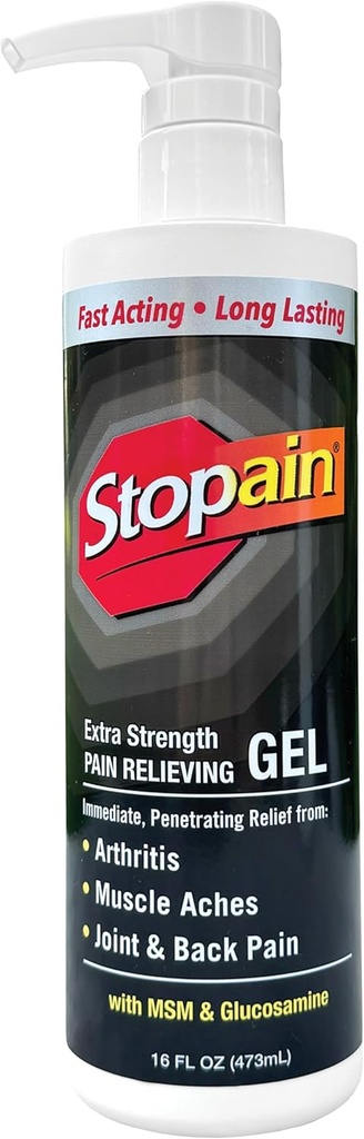 Stopain Pain Relief Gel 16oz, USA Made, Max Strength Fast Agissant avec Menthol, MSM, Glucosamine pour la douleur articulaire, le dos, l'arthrite, le genou, la douleur au cou, HSA FSA Produit analgésique thématique approuvé OTC
