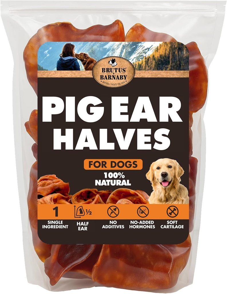 BRUTUS & BARNABY Pig Ear Halves for Dogs, 15 Ct. – Chien à ingrédient unique tout naturel Chews, cuit lentement et entièrement digestible Rawhide Alternative