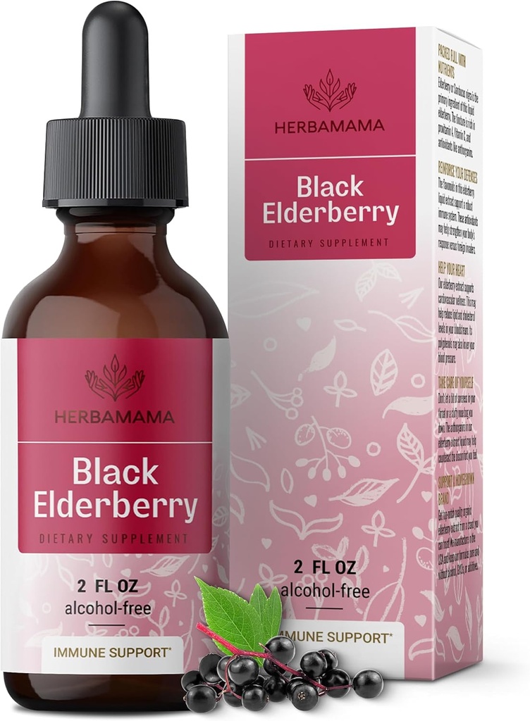 HERBAMAMA Black Elderberry Drops - Extrait liquide végétalien d'aillier pour le soutien immunitaire - Supplément d'immunité sans OGM, sans alcool et sans sucre, 21 jours