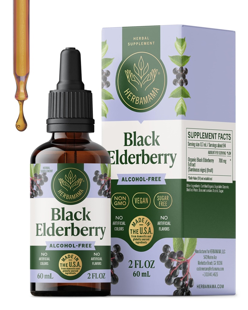 HERBAMAMA Black Elderberry Drops - Extrait liquide végétalien d'aillier pour le soutien immunitaire - Supplément d'immunité sans OGM, sans alcool et sans sucre, 21 jours