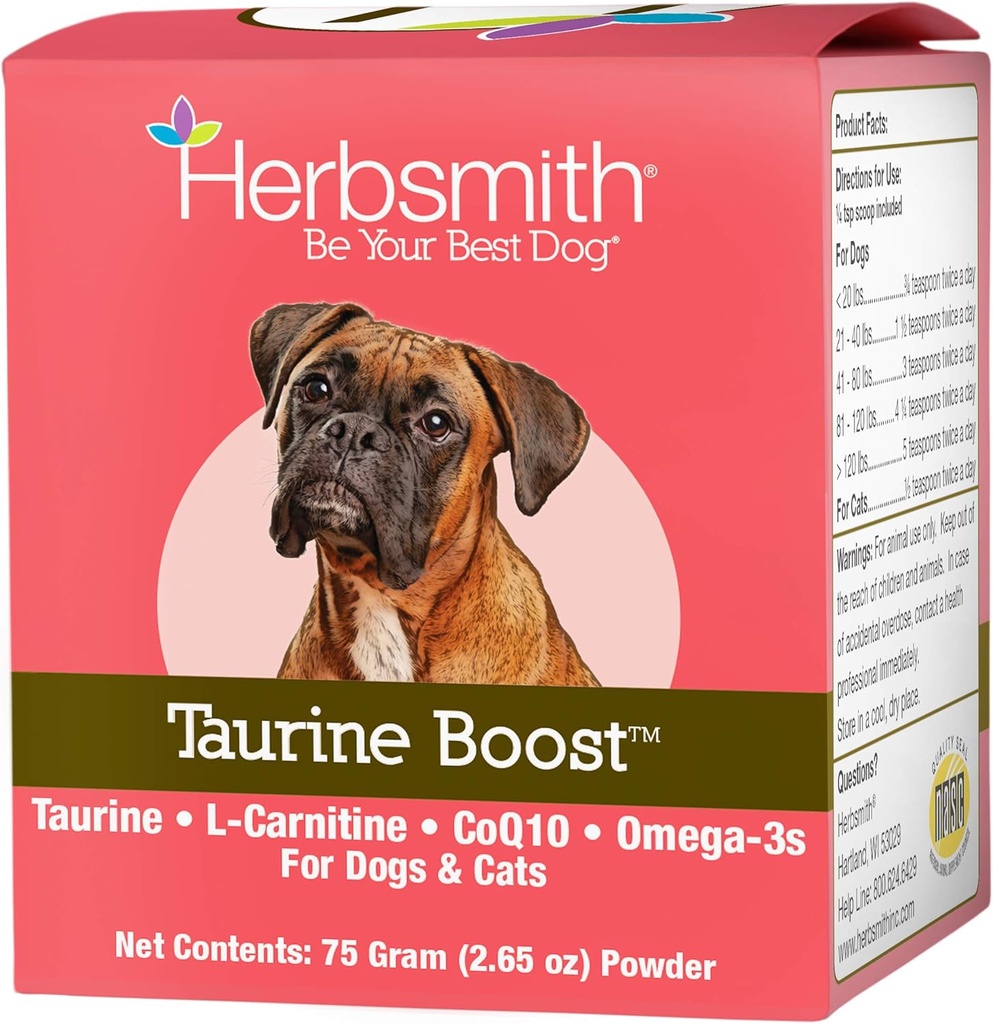 Herbsmith Taurine Boost - Cardiac and Heart Support for Dogs and Cats - Taurine Supplement for Dog and Cat Heart Health – with CoQ10, Taurine and L-Carnitine for Dogs - 75g