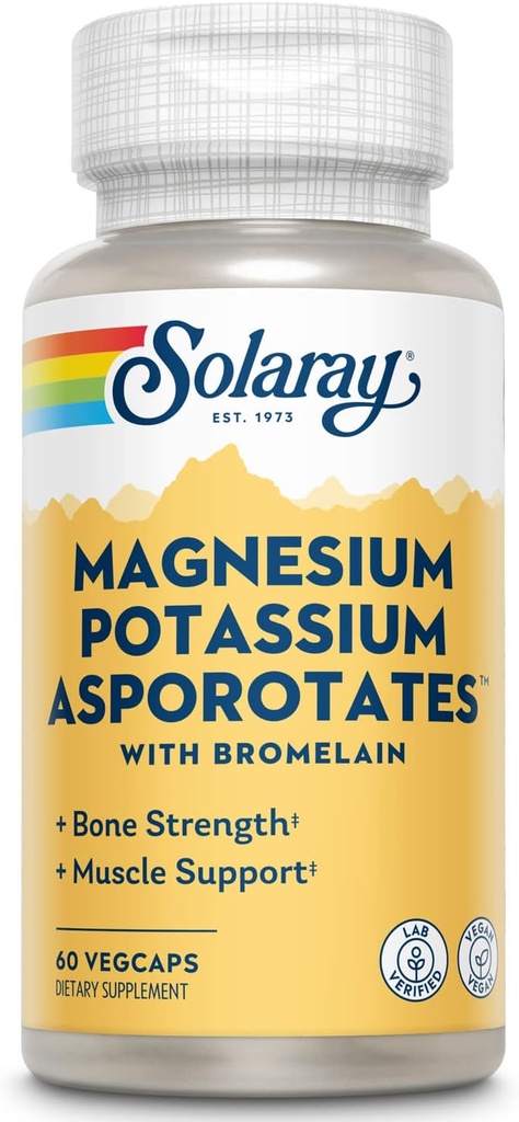 Solaray Magnésium et Potassium Asporotates avec/Bromelain, Electrolyte sain, Muscle, Coeur et Soutien cellulaire, 60 VegCaps