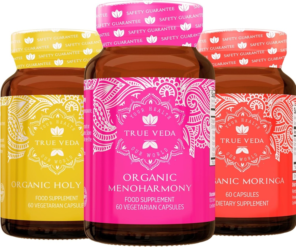 True Veda Ménopause Bundle USDA Biologique , Multi-Award-Winning , Moringa Biologique , Basilic Saint Biologique avec Vitamine B6 , Capsules de MénoHarmonie Biologique