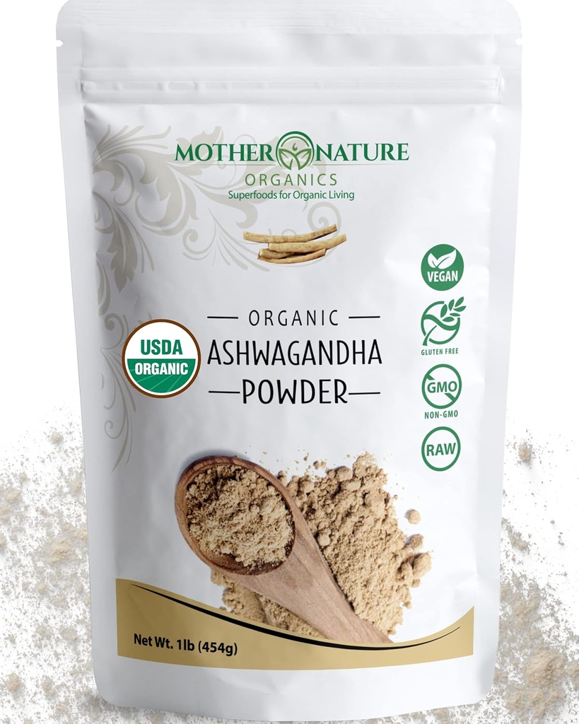 USDA poudre biologique certifiée Ashwagandha, 100% pur, brut, Adaptogène puissant supplément - non-OGM, végétalien, sans gluten (1lb sac)