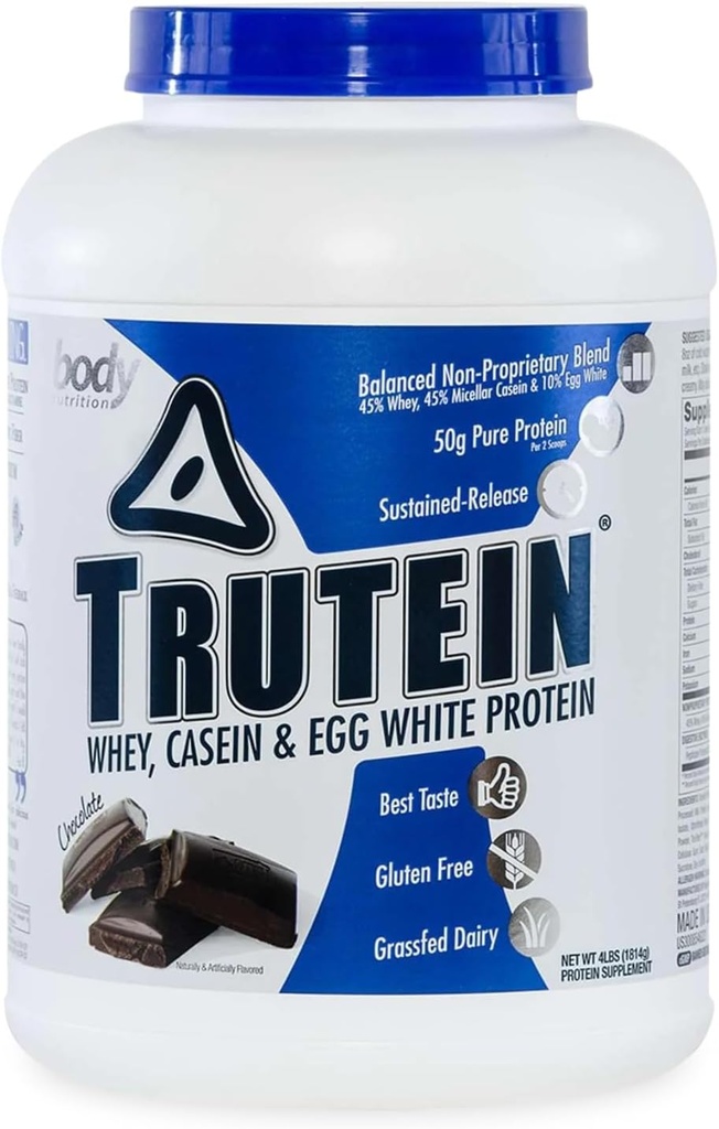 Alimentation du corps Trutein Poudre à haute teneur en protéines : 45 % Whey, 45 % Caséine, 10 % Blanc d'oeuf, Sans gluten, Faible teneur en sodium, Poudre de protéines de fer à l'herbe, Supplément de gymnastique et petit déjeuner Shake, Chocolat, 4lb