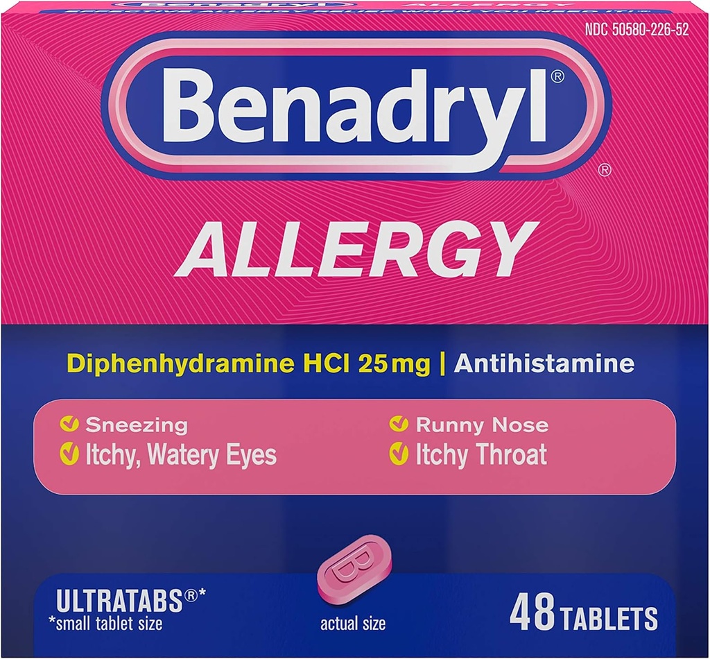 Benadryl Ultratabs Antihistaminique Allergie Médecine, Diphénhydramine HCl Comprimés, 48 ct