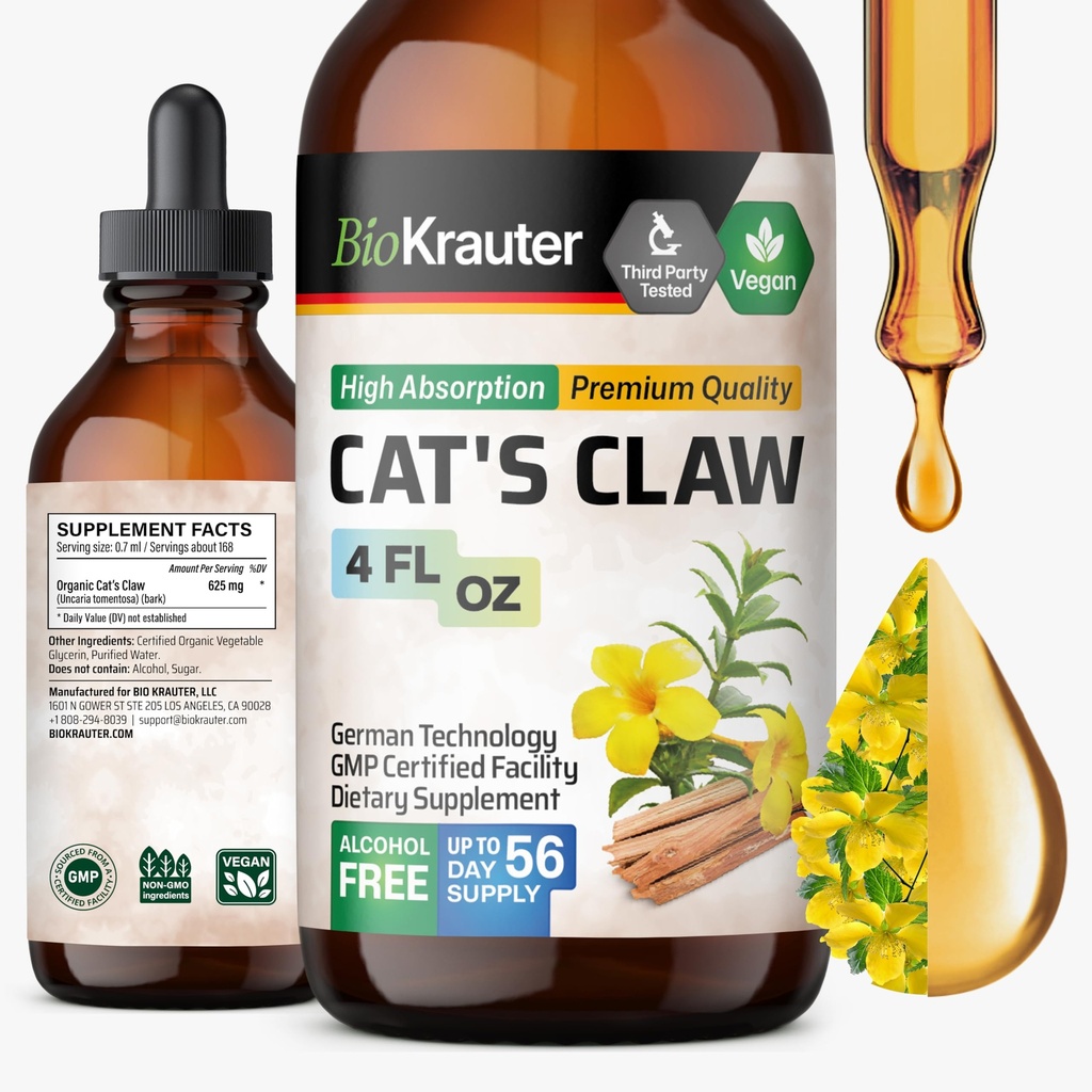 BIO KRAUTER® Cats Сlaw for Mobility Support - Liquid Drops Cats Claw Herb Supplement - Used for Digestive & Immune Support, Natural Antioxidant - Alcohol & Sugar Free, 4 Fl.Oz, 56-Day Supply