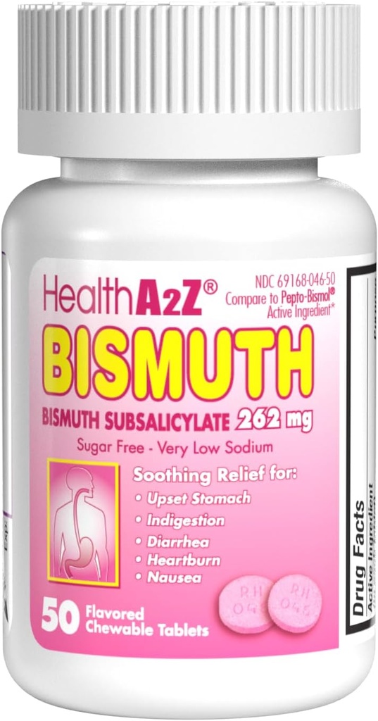 HealthA2Z® Bismuth | Bismuth Subsalicylate 262mg | Multi-Symptom Relief | (50 Count (Pack of 1))