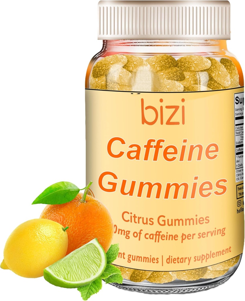 Gommies de caféine Bizi pour les hommes et les femmes, supplément énergétique pour stimuler Focus, Gommies de caféine pour les adultes, 30mg de caféine par Gummy, Citrus Flavor (60 ct)