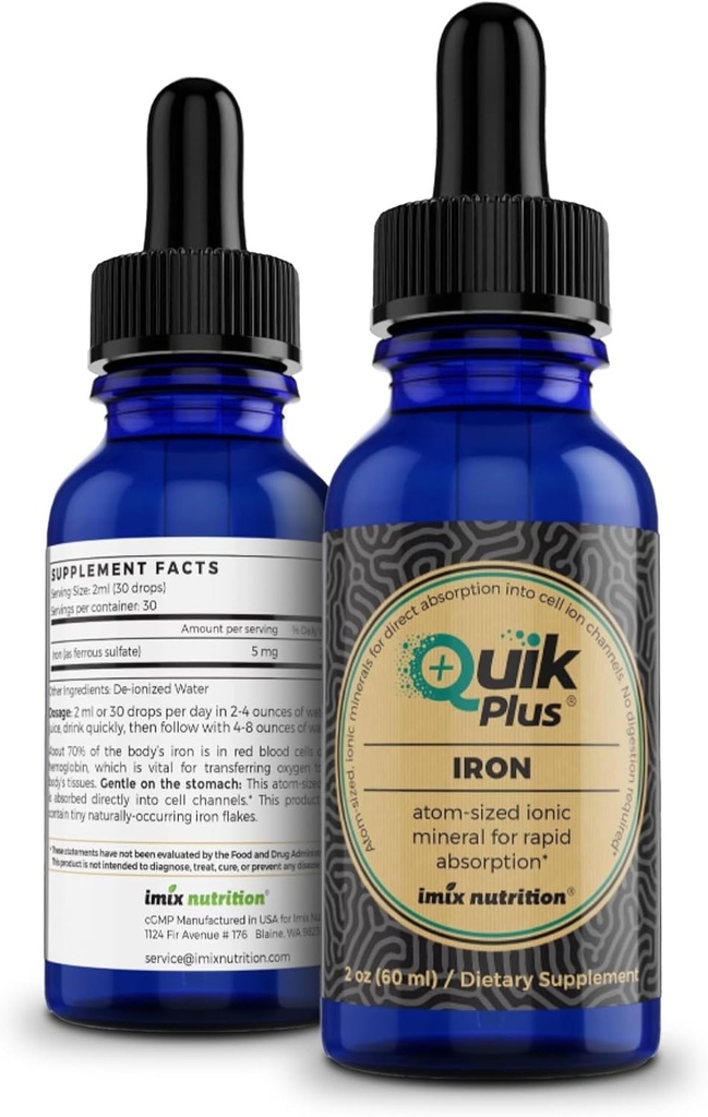 Supplément minéral liquide ionique de fer QuikPlus pour l'hémoglobine et le ferritin – supplément de fer à haute absorption pour adultes – végétalien, sans gluten, tout naturel – bouteille de 2 oz
