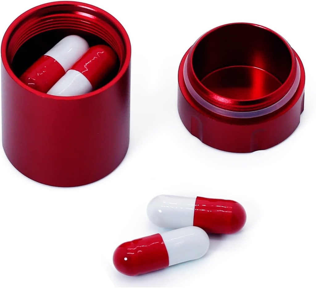 Boîte à pilules ronde en alliage d'aluminium pour les voyages, Organisateur de boîtes à pilules étanches, Pocket Daliy Pill Holder Conteneur de pilules pour la médecine Huiles de poisson de vitamines (rouge)