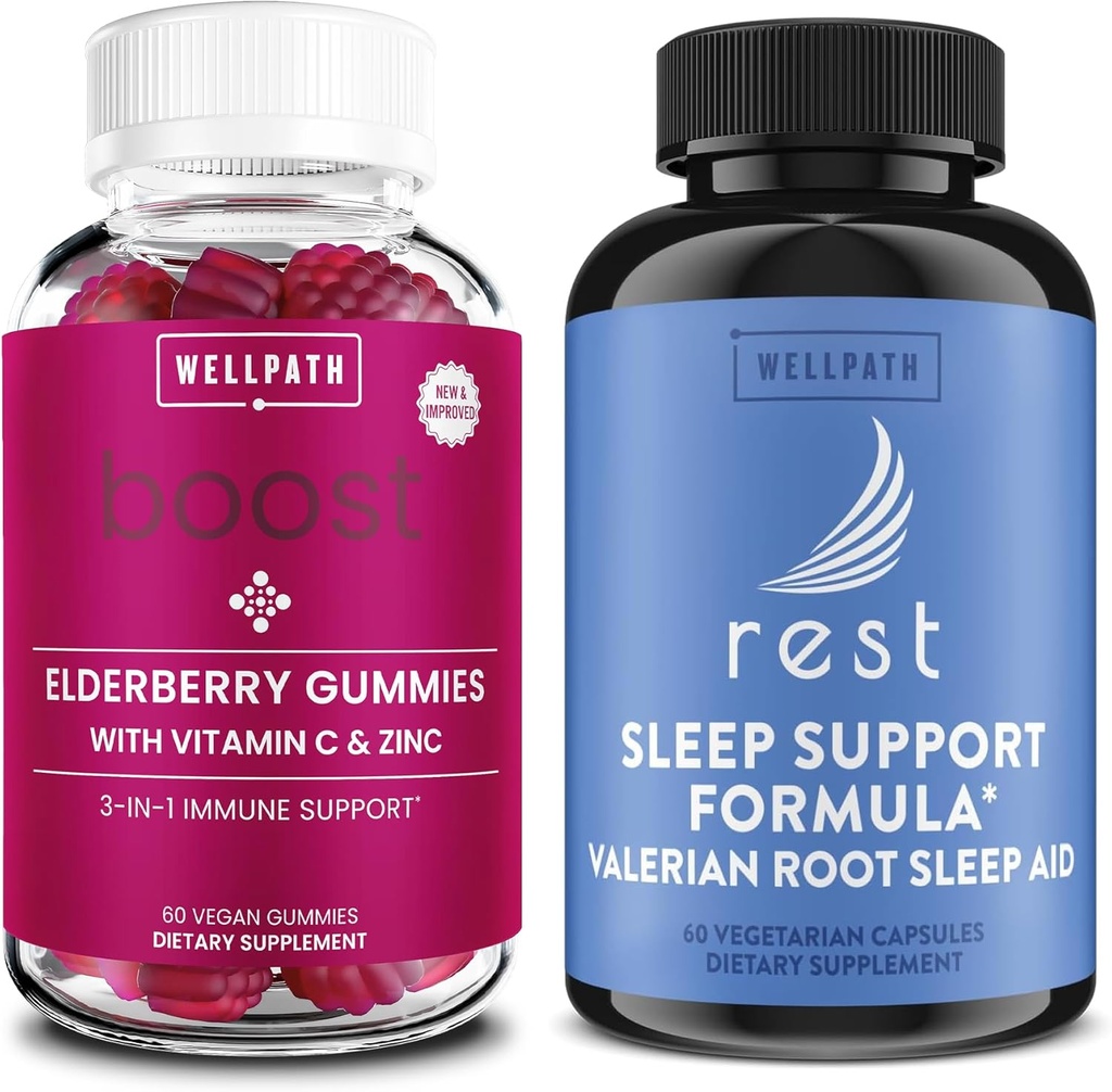 Gummées de mûres aînées WellPath avec Zinc + Rest Valerian Root Sleep Aid pour adultes avec Melatonine et L-Theanine, 60 Ct Chaque