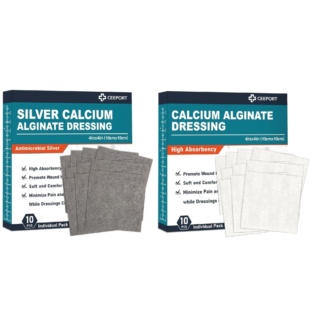 Dressing en algine de calcium argenté(4 "x 4" 10 Pcs) + Dressing en algine de calcium (4 "x 4" 10 Pcs)