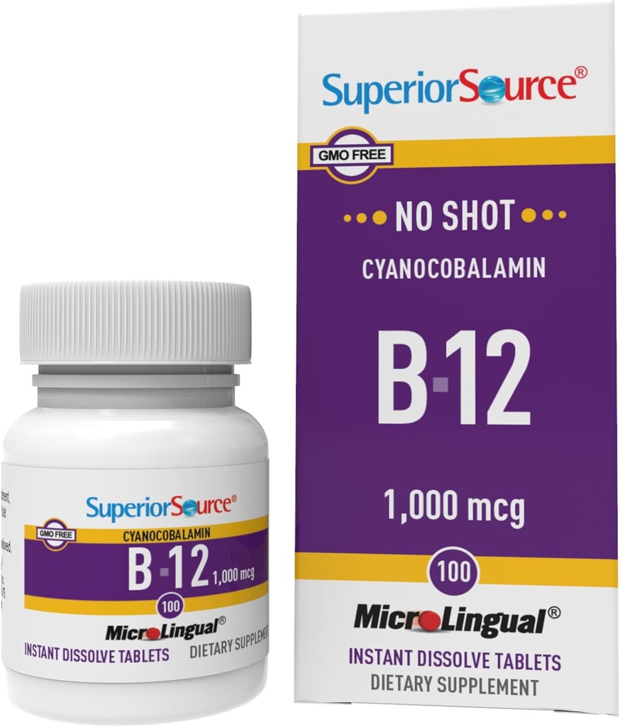 Superior Source No Shot Vitamine B-12 Cyanocobalamine 1000 mcg - Vitamine B-12 pour soutenir la production d'énergie, la santé cérébrale et le mieux-être général - Comprimés sublinguaux - 100 comprimés dissolvables