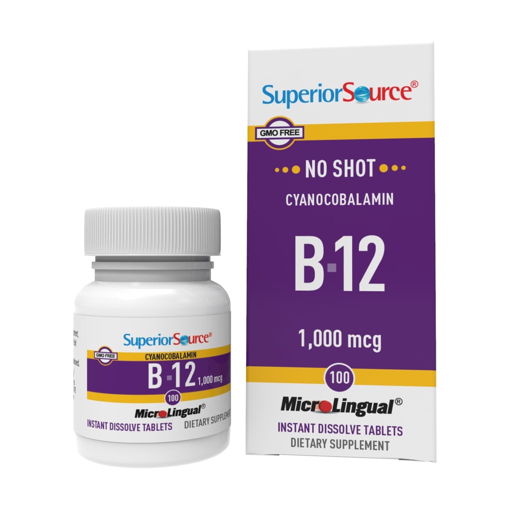 Superior Source No Shot Vitamine B-12 Cyanocobalamine 1000 mcg - Vitamine B-12 pour soutenir la production d'énergie, la santé cérébrale et le mieux-être général - Comprimés sublinguaux - 100 comprimés dissolvables